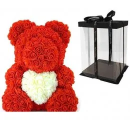 Мишка з серцем з 3D троянд Teddy Rose 40 см Червоний + подарункова упаковка