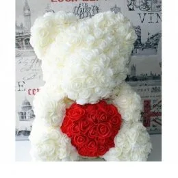 Мишка з серцем з 3D троянд Teddy Rose 40 см Білий + подарункова упаковка