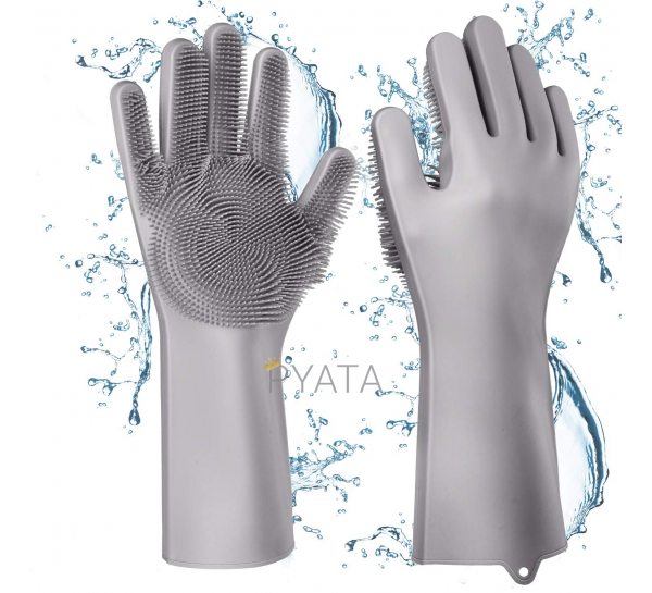 Силіконові рукавички для миття і чищення Magic Silicone Gloves з ворсом Сірі