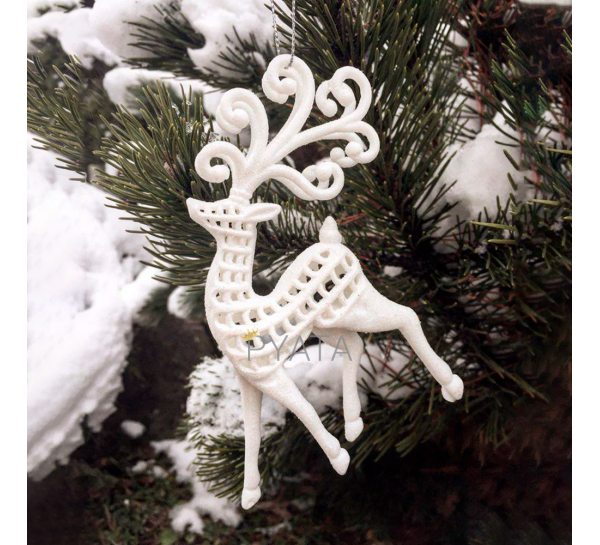 Підвіска на ялинку Білий Олень новорічна прикраса з блискітками 2 шт