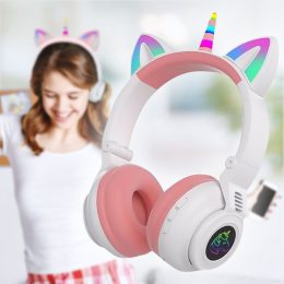Бездротові LED навушники Єдиноріг з котячими вушками  Рожеві (626)