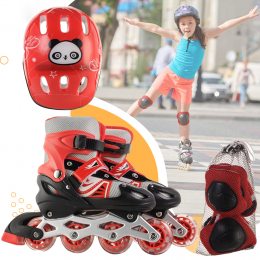 Детские раздвижные ролики с детской защитой и комплектом перестановки колес, Красный (ARSH)
