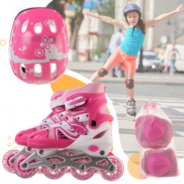 Детские раздвижные ролики с детской защитой и комплектом перестановки колес, Розовый (ARSH)