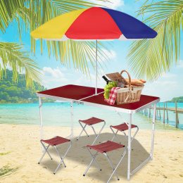 Стіл туристичний розкладний з парасолькою та 4 стільцями для пікніка та риболовлі 120х60 см, Коричневий