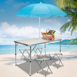 Стол туристический раскладной с зонтом и 4 стульями для пикника и рыбалки 120х60 см, Белый