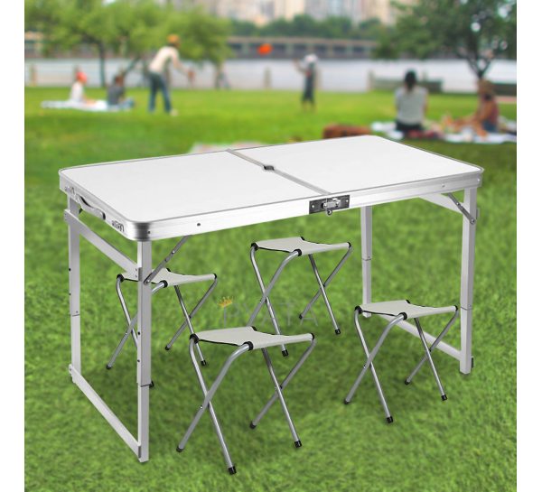 Усиленный стол туристический раскладной со стульями для пикника/рыбалки 120х60 см, Белый