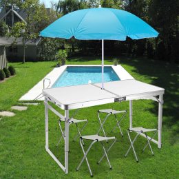 Усиленный стол туристический раскладной со стульями и зонтом для пикника/рыбалки 120х60 см, Белый