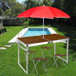 Усиленный стол туристический раскладной со стульями и зонтом для пикника/рыбалки 120х60 см, Коричневый