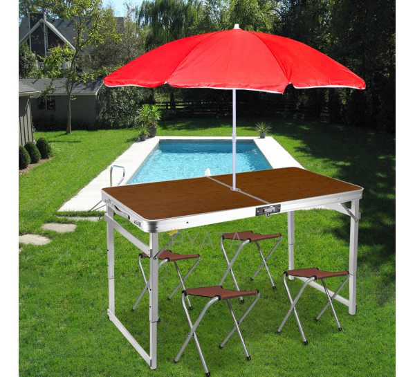Посилений стіл туристичний розкладний зі стільцями та парасолькою для пікніка/рибалки 120х60 см, Коричневий