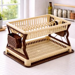 Сушилка для посуды пластиковая Plast 43×29 см настольная с поддоном для 19 тарелок, Бежево-коричневый (DRK)