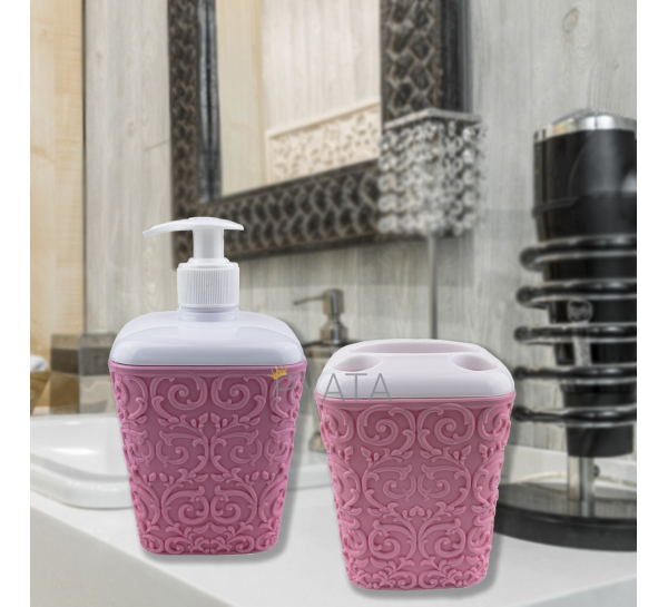 Набор предметов Ажур для ванной, дозатор мыла + стакан для зубных щеток, розовый (2339)