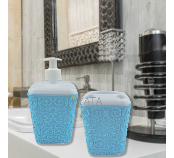 Набір предметів Ажур для ванної, дозатор мила + склянка для зубних щіток, блакитний (2339)