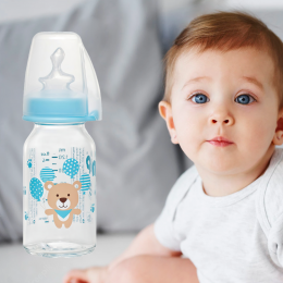 Скляна дитяча пляшечка для годування NIP 35069, 125 мл, антиколікова латексна соска, 0-6 місяців, повільний потік (TK)