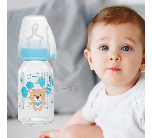 Скляна дитяча пляшечка для годування NIP 35069, 125 мл, антиколікова латексна соска, 0-6 місяців, повільний потік (TK)