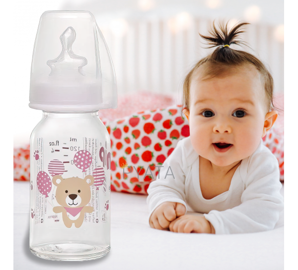 Скляна дитяча пляшечка для годування NIP 35070, 125 мл, антиколікова соска, 0-6 місяців, повільний потік (TK)