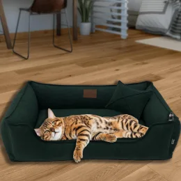 Велюрова лежанка для котів та собак Mamo Pets Premium, знімний чохол, ручка, XS 50*40 (40*30), зелена