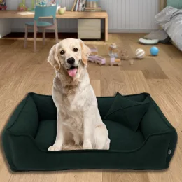 Велюровая лежанка для котов и собак Mamo Pets Premium, съемный чехол, ручка, XXL 120*80 (100*65), зеленая