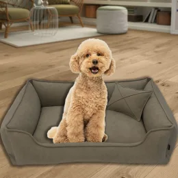 Велюрова лежанка для котів та собак Mamo Pets Premium, знімний чохол, ручка, M 70*50 (58*40), бежева
