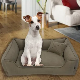 Велюрова лежанка для котів та собак Mamo Pets Premium, знімний чохол, ручка, L 90*60 (77*48), бежева
