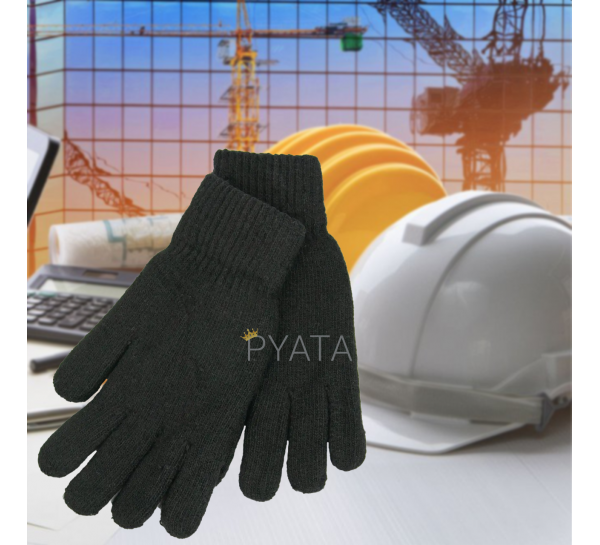 Зимові робочі ХБ рукавички, подвійні, чорні, без точки ПВХ (TMK)