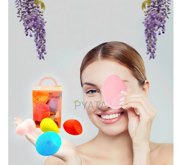 Набір б'юті блендерів, спонжів для нанесення макіяжу + мочалка силіконова для масажу обличчя (2049)