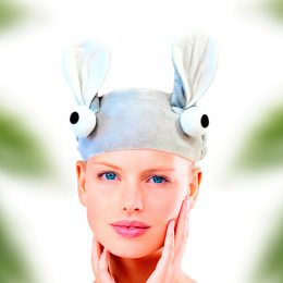 Мягкая повязка на голову для макияжа с ушками и глазками, серая (2049)