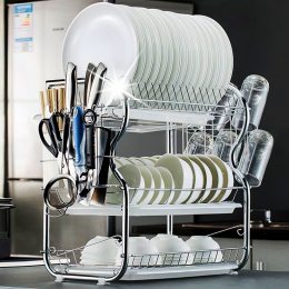 Настольная укреплённая сушилка для посуды с отделениями под столовые приборы и 2 поддона (205)