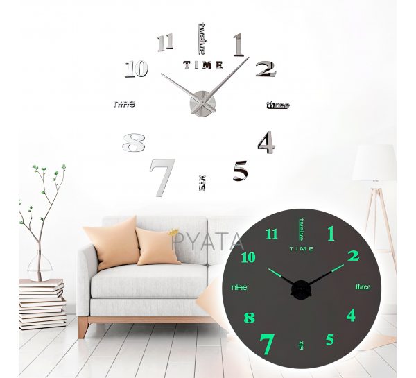 Большие настенные часы Horloge 3D DIY флуоресцентные Серые (205)