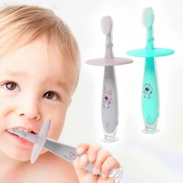 Детская зубная щётка с ограничителем, силиконовая серый/мятный 6+ BabyOno (SB) 552/01
