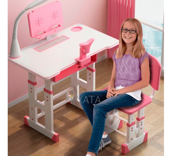 Дитячий регульований столик парта з підставкою для книг та стільцем Side Table Рожевий (NJ-492)