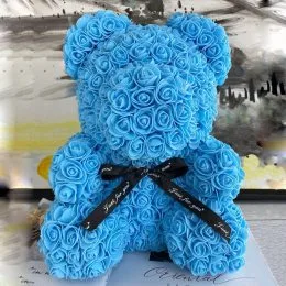 Мишка из 3D роз 25 см мишка с подарочной ленточкой Голубой