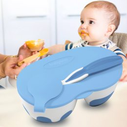 Детская двухкамерная мисочка для кормления с крышкой и ложкой Babyono Голубая (1067/01) (SB)