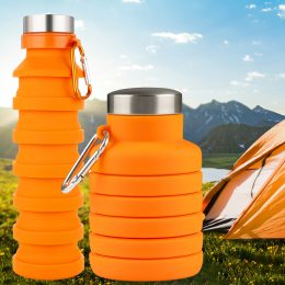 Силиконовая складная бутылка для воды с карабином 550 мл Оранжевая