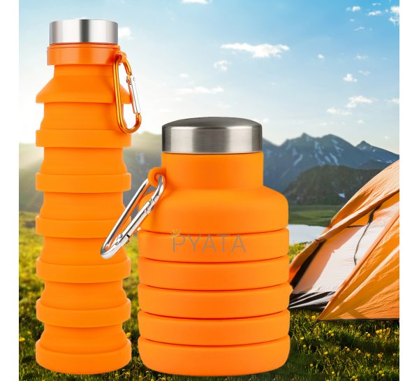 Силиконовая складная бутылка для воды с карабином 550 мл Оранжевая