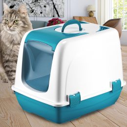 Пластиковый туалет-лоток для кошек закрытого типа Бело-голубой (2339)