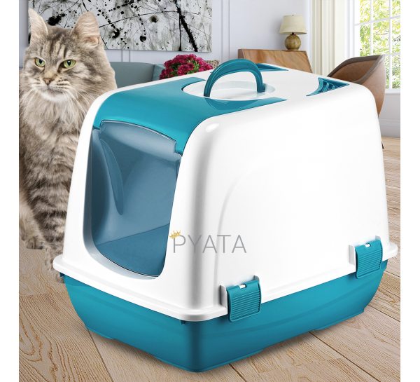 Пластиковый туалет-лоток для кошек закрытого типа Бело-голубой (2339)
