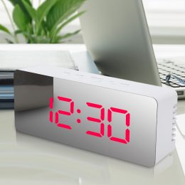 Настільний дзеркальний годинник Mirror Led Clock YQ-719 у стилі мінімал, Червоний циферблат/Білий корпус