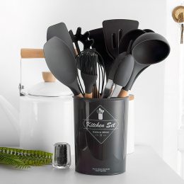 Набір кухонного приладдя із силікону та дерева з підставкою Kitchen Set 12 предметів Чорний (HA-50)