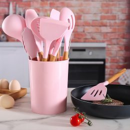 Набор кухонных принадлежностей из силикона и дерева с подставкой Kitchen Set 12 предметов Розовый (HA-50)