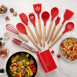 Набор кухонных принадлежностей из силикона и дерева с подставкой Kitchen Set 12 предметов Красный (HA-50)