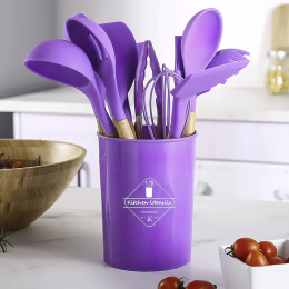 Набор кухонных принадлежностей из силикона и дерева с подставкой Kitchen Set 12 предметов Фиолетовый (HA-50)