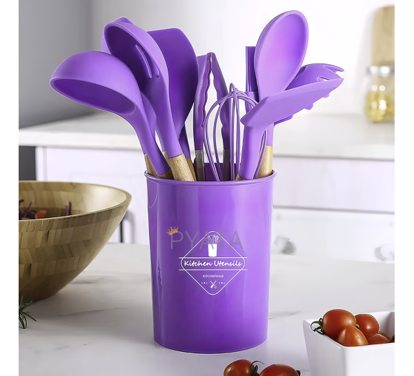 Набір кухонного приладдя із силікону та дерева з підставкою Kitchen Set 12 предметів Фіолетовий (HA-50)