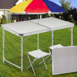 Раскладной портативный стол-чемодан для пикника с 2 стульями и зонтом Folding Table Белый