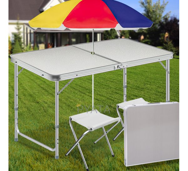 Розкладний портативний стіл-валіза для пікніка із 2 стільцями та парасолькою Folding Table Білий