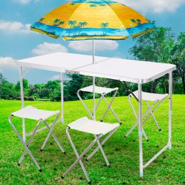 Раскладной портативный стол-чемодан для пикника с 2 стульями и зонтом Folding Table Белый
