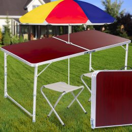Раскладной портативный стол-чемодан для пикника с 2 стульями и зонтом Folding Table Коричневый