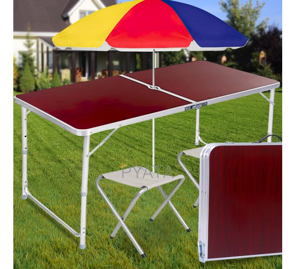 Розкладний портативний стіл-валіза для пікніка із 2 стільцями та парасолькою Folding Table Коричневий