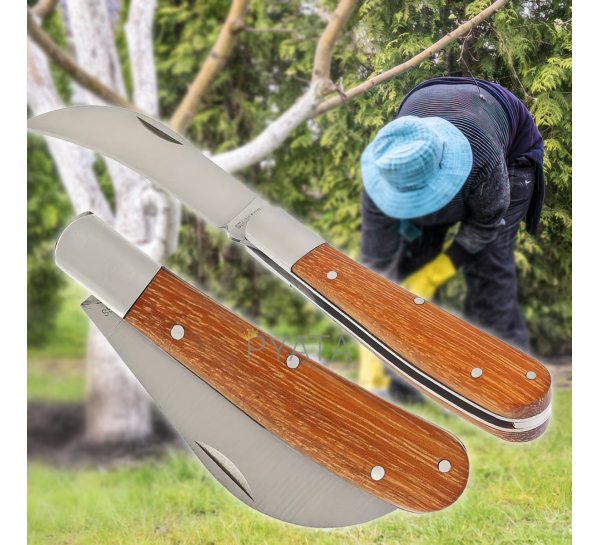 Садовый складной нож Palisad с изогнутым лезвием и деревянной ручкой