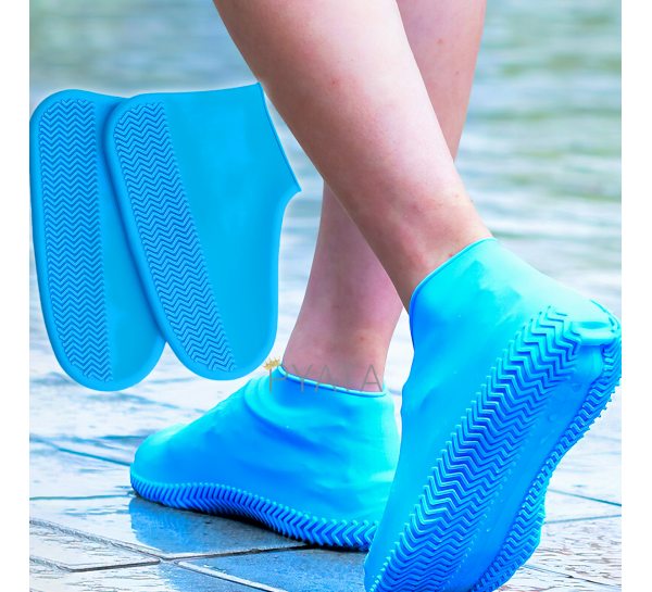 Еластичні багаторазові водонепроникні силіконові чохли-бахили для взуття від води L Блакитні