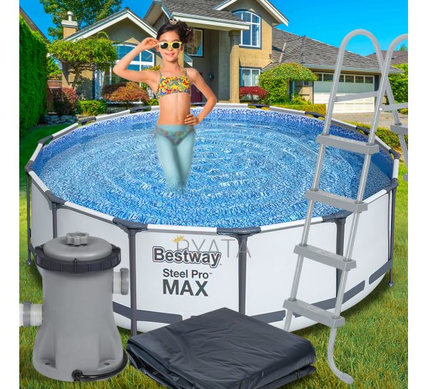 Каркасный семейный круглый бассейн с насосом, тентом-крышкой и лестницей в комплекте BestWay "Steel Pro Max" 56462 23062 л (IGR24)